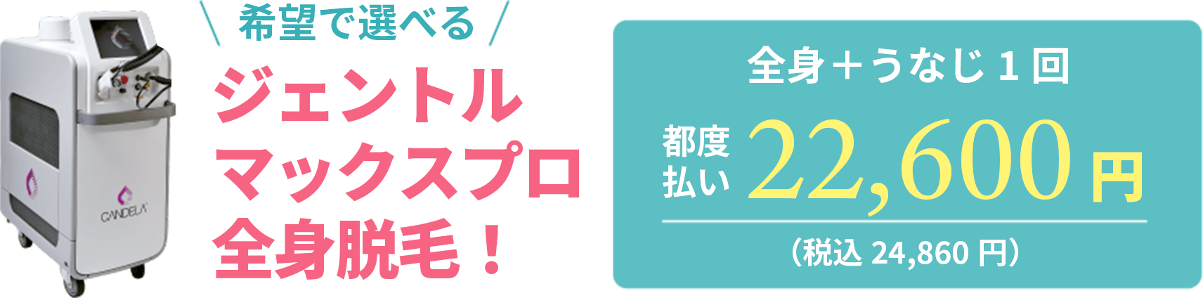 希望で選べるジェントルマックスプロ全身脱毛！全身＋うなじ1回都度払い22,600円（税込24,860円）