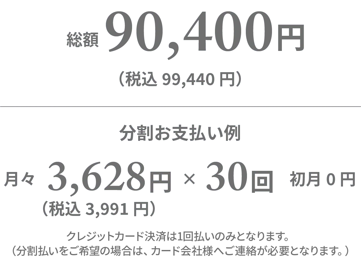 全身＋うなじ4回コース 総額90,400円（税込99,440円）分割お支払い例 月々3,628円（税込3,991円）×30回 初月0円