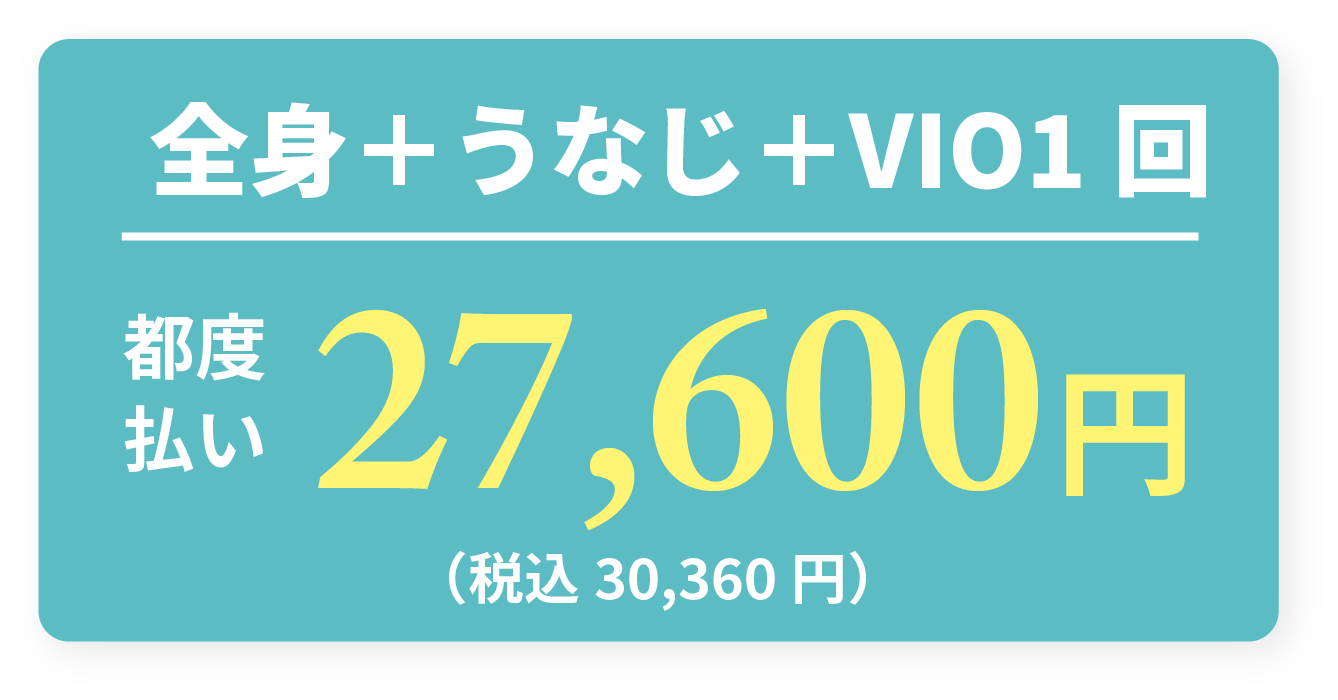 全身＋うなじ＋VIO 1回 都度払い27,600円（税込30,360円）