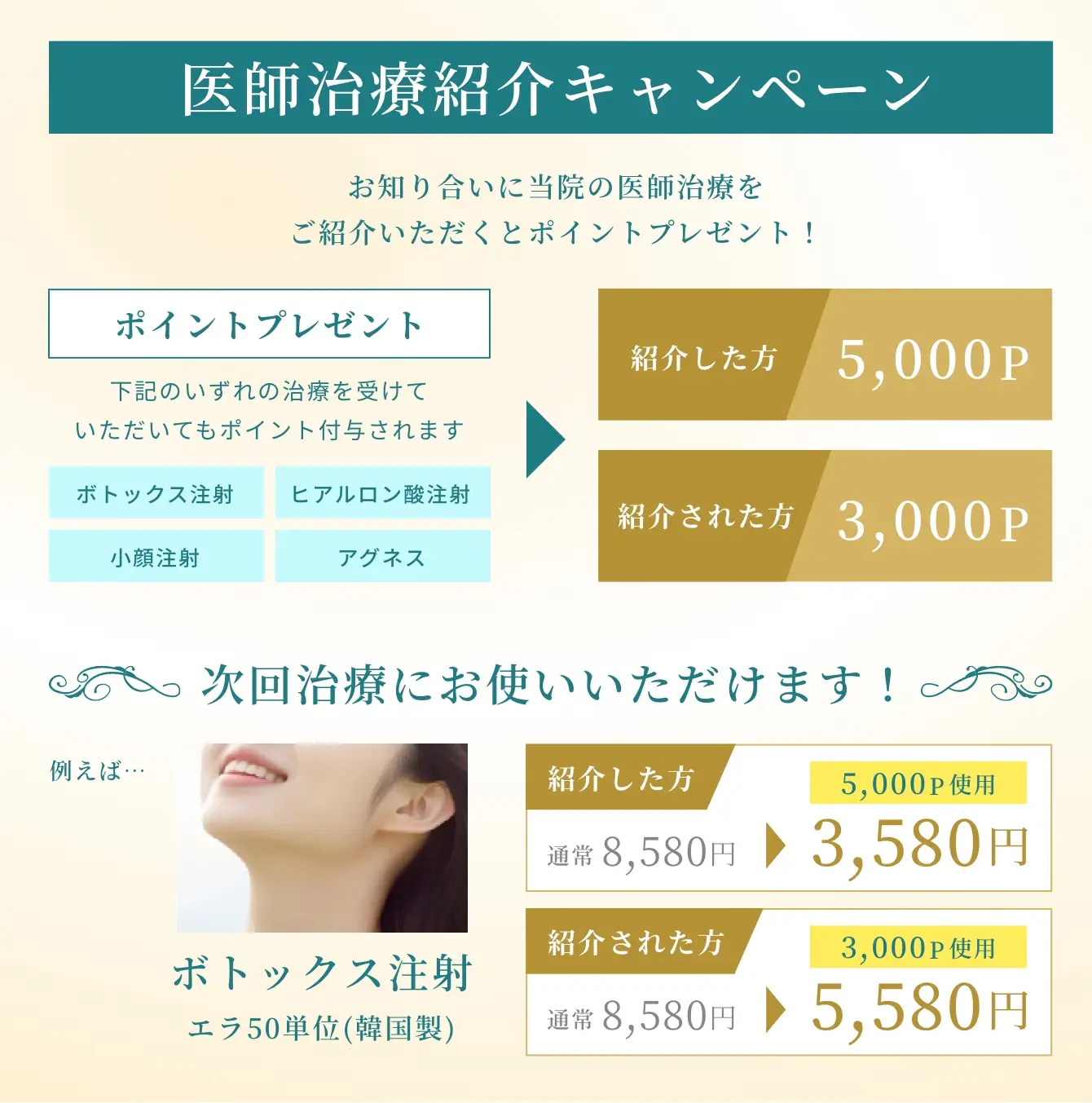 医師治療紹介キャンペーン！ お知り合いに当院の医師治療を ご紹介いただくとポイントプレゼント! ポイントプレゼント! 下記のいずれの治療を受けて いただいてもポイント付与されます。紹介した方 5,000P 紹介された方 3,000P ボトックス注射・ヒアルロン酸注射・小顔注射・アグネス 次回治療にお使いいただけます!(例)ボトックス注射エラ50単位(韓国製) 紹介した方5,000P使用 通常8,580円が3,580円 紹介された方3,000P使用 通常8,580円が5,580円