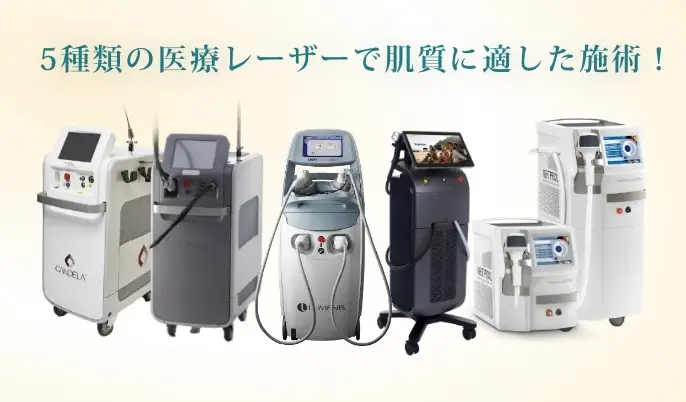 5種類のレーザーを部位・肌質で組合わせ